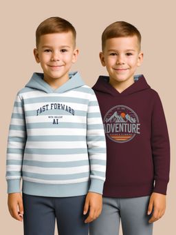 HELLCAT - Blue - Burgundy Printed Cotton Blend Hoodie Sweatshirt For Boys (Pack of 2)