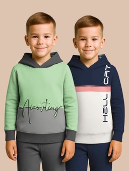 HELLCAT - Green - Navy Blue Printed Cotton Blend Hoodie Sweatshirt For Boys (Pack of 2)