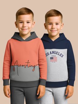 HELLCAT - Orange - Navy Blue Printed Cotton Blend Hoodie Sweatshirt For Boys (Pack of 2)