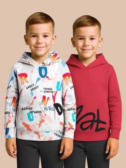 HELLCAT - White - Maroon Printed Cotton Blend Hoodie Sweatshirt For Boys (Pack of 2)