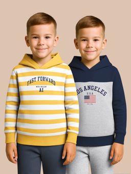 HELLCAT - Yellow - Navy Blue Printed Cotton Blend Hoodie Sweatshirt For Boys (Pack of 2)