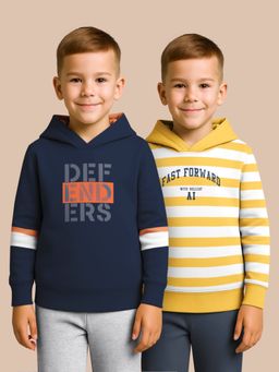 HELLCAT - Yellow - Navy Blue Printed Cotton Blend Hoodie Sweatshirt For Boys (Pack of 2)