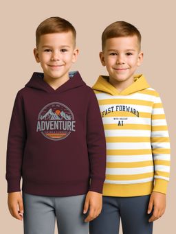HELLCAT - Yellow - Burgundy Printed Cotton Blend Hoodie Sweatshirt For Boys (Pack of 2)