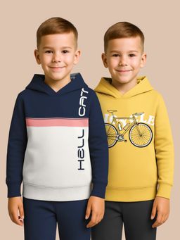 HELLCAT - Yellow - Navy Blue Printed Cotton Blend Hoodie Sweatshirt For Boys (Pack of 2)