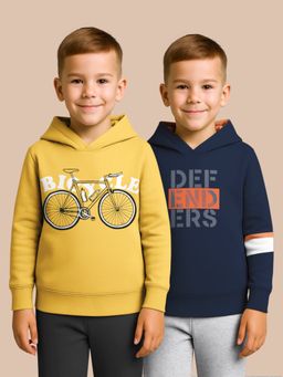 HELLCAT - Yellow - Navy Blue Printed Cotton Blend Hoodie Sweatshirt For Boys (Pack of 2)