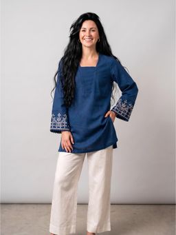 Barara Ethnic - Blue & White Embroidered Kurti