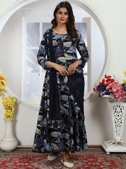 Odette - Navy Blue Rayon Printed Anarkali Kurta for Women