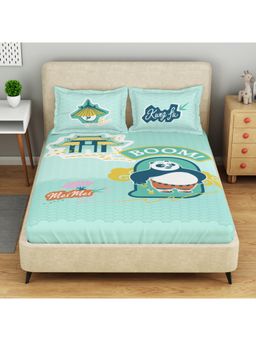 SPACES - Blue Cotton Graphic Large Bedsheet with Pillow Covers