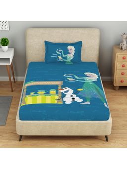 SPACES - Blue Cotton Graphic Single Bedsheet with Pillow Cover