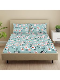 Welspun - Blue Microfibre Floral Double Bedsheet with Pillow Covers