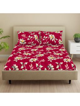 Welspun - Red Microfibre Floral Double Bedsheet with Pillow Covers