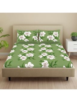 Welspun - Green Microfibre Floral Double Bedsheet with Pillow Covers