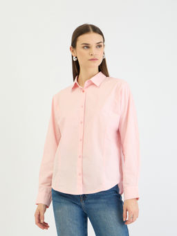 ELLE - Women Pink Solid Spread Collar Full Sleeves Shirt