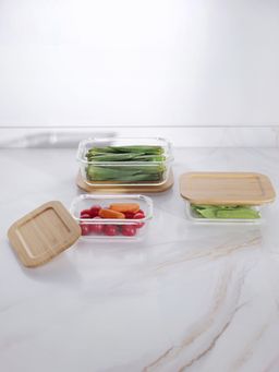 USHA SHRIRAM - Borosilicate Food Container Rectangular Mutlipack Bamboo Lid