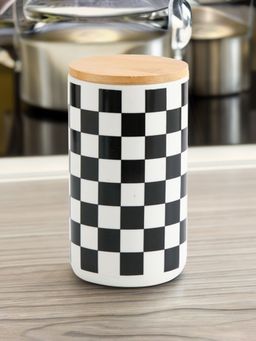 USHA SHRIRAM - Ceramic Jar 1000ml Black White Square Pattern