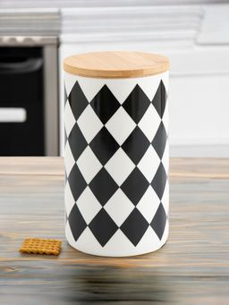 USHA SHRIRAM - Ceramic Jar 1000ml Black White Diamond Pattern