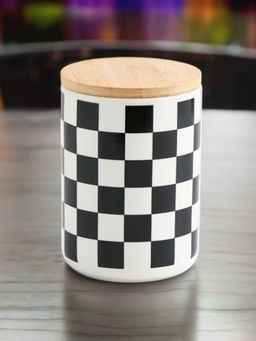 USHA SHRIRAM - Ceramic Jar 800ml Black White Square Pattern