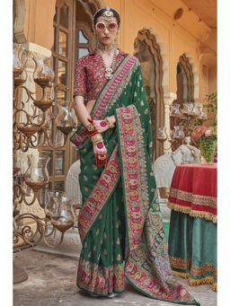 Mysilklove - Gladiolus Green Banarasi Jamawar Saree with Unstitched Blouse
