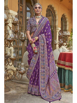Mysilklove - Foxglove Purple Banarasi Jamawar Saree with Unstitched Blouse