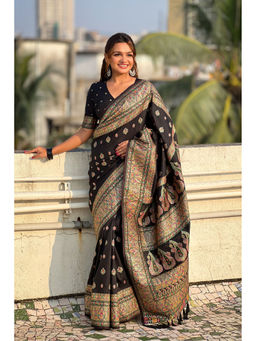 Mysilklove - Hollyhock Black Woven Kashmiri Jamewar Saree with Unstitched Blouse