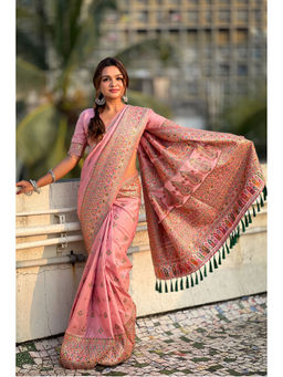Mysilklove - Peony Pink Woven Kashmiri Jamewar Saree with Unstitched Blouse