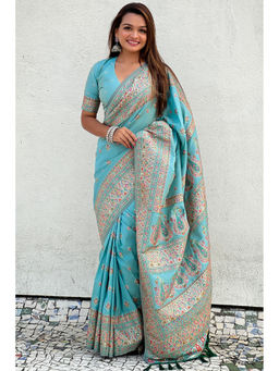 Mysilklove - Sky Blue Kashmiri Jamewar Saree with Unstitched Blouse