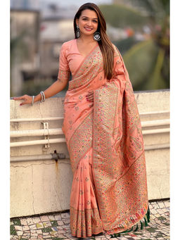 Mysilklove - Salmon Run Peach Kashmiri Jamewar Saree with Unstitched Blouse