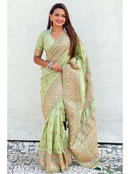 Mysilklove - Pista Green Woven Kashmiri Jamewar Saree with Unstitched Blouse