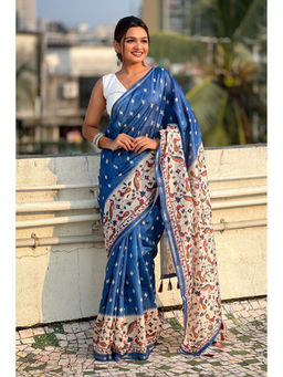 Mysilklove - Royal Blue Floral Printed Kalamkari Saree with Unstitched Blouse