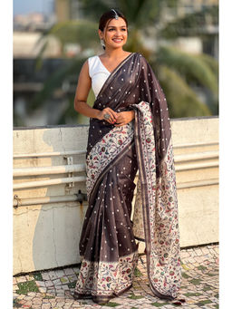 Mysilklove - Coral Black Floral Printed Kalamkari Saree with Unstitched Blouse