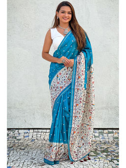 Mysilklove - Turquoise Blue Floral Printed Kalamkari Saree with Unstitched Blouse