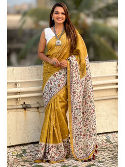 Mysilklove - Mustard Floral Printed Kalamkari Saree with Unstitched Blouse
