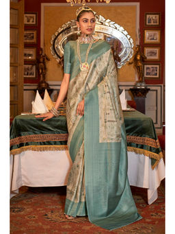 Mysilklove - Blue Daisy & Cream Banarasi Digital Printed Saree with Unstitched Blouse