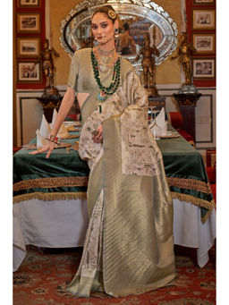 Mysilklove - Green & Cream Banarasi Digital Printed Saree with Unstitched Blouse
