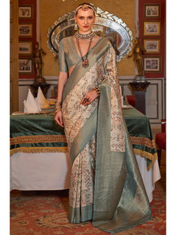 Mysilklove - Cream & Green Banarasi Digital Printed Saree with Unstitched Blouse
