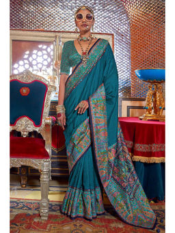 Mysilklove - Globe thistle Blue Banarasi Jamawar Saree with Unstitched Blouse