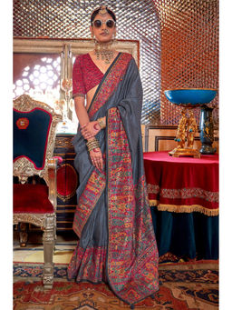 Mysilklove - Pansy Grey Banarasi Jamawar Saree with Unstitched Blouse