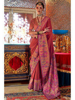 Mysilklove - Anthuriums Red Banarasi Jamawar Saree with Unstitched Blouse
