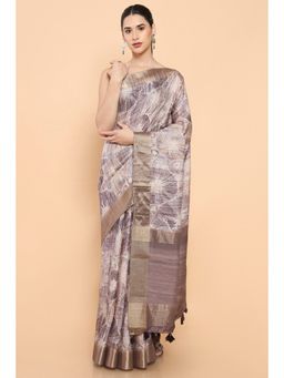 Soch - Women Purple Cotton Printed Saree with Unstitched Blouse
