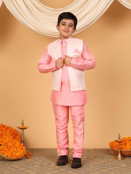 BT DEZINES - Pink Cotton Silk Full Sleeves Kurta With Pyjama & Nehru Jacket