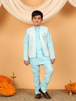 BT DEZINES - Blue Cotton Silk Full Sleeves Kurta With Pyjama & Nehru Jacket