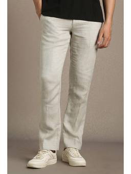 Louis Philippe - Men Beige Textured Flat Front Formal Trousers