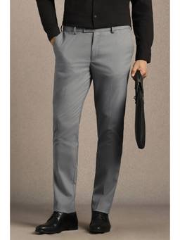 Louis Philippe - Men Grey Textured Flat Front Formal Trousers