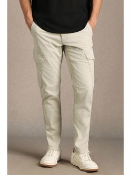 Louis Philippe - Men Beige Solid Flat Front Casual Trousers