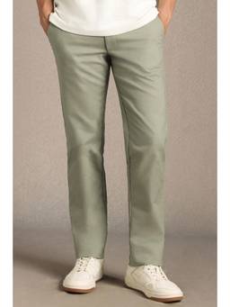 Louis Philippe - Men Olive Solid Flat Front Casual Trousers