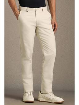 Louis Philippe - Men Beige Solid Flat Front Casual Trousers