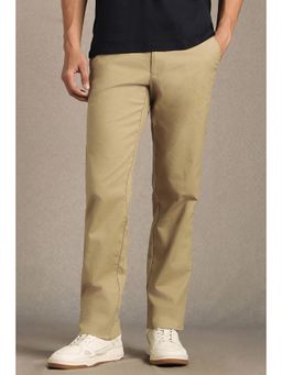 Louis Philippe - Men Beige Solid Flat Front Casual Trousers