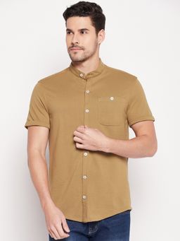 Club York - Men Khaki Solid Mandarin Neck Shirt