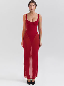Miakee - Red Crush Sheer Maxi Dress with Bodysuit