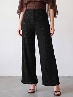R&B - Women Black Abstract Polyester Pant